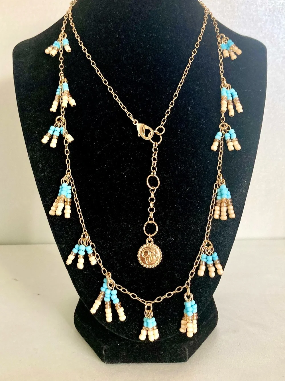 Jessica Simpson Gold-Tone preloved Necklace Turquoise Cream tone Bead Tassels